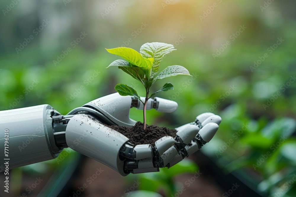 Poster a robot hand works on a modern farm. background with selective focus and copy space