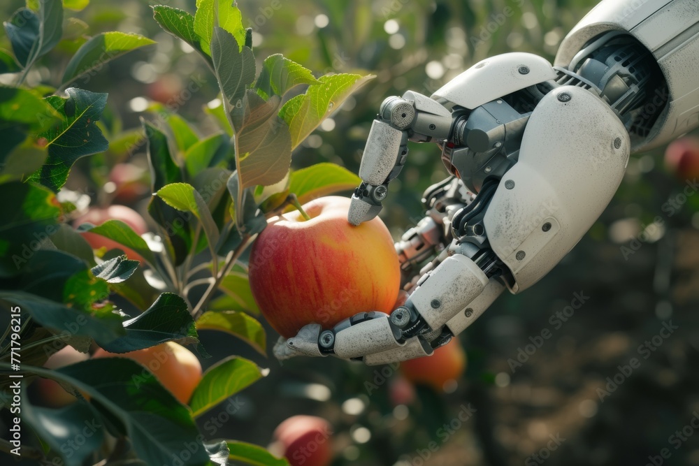 Aufkleber a robot hand works on a modern farm. background with selective focus and copy space