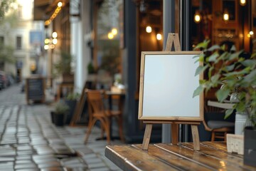 A white board is on a wooden stand outside of a restaurant