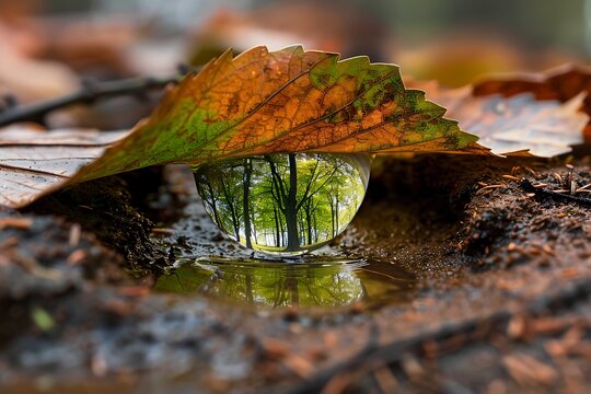 : A droplet of rain clinging to a giant leaf, reflecting a distorted miniature forest.
