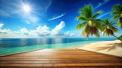Fototapeta na wymiar Summer panoramic landscape, nature of tropical beach with wooden platform, sunlight. Golden sand beach, palm trees, sea water against blue sky with white clouds. Copy space, summer vacation concept