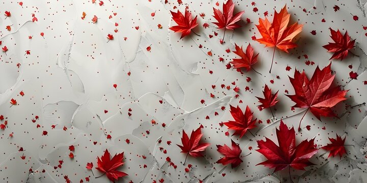 Flat lay of Canadian flags maple leaves and confetti on white background for Canada Day celebration. Concept Canada Day Celebration, Flat Lay Photography, Red and White Theme, National Symbols