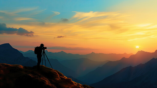 Silhouette of Photographer at Sunset, Capturing Scene and Landscape from Mountain Top