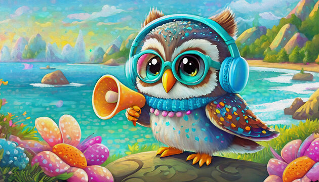 Oil painting style Cartoon character cute Funny baby owl in head phones and sunglasses talking with megaphone,