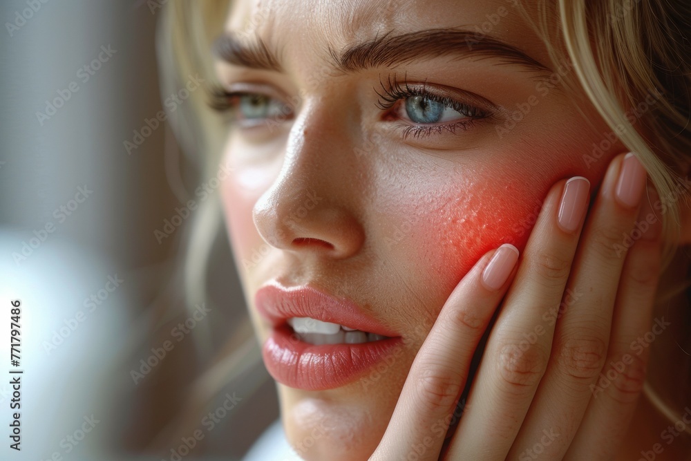 Poster A woman with red skin on her face is holding her hand to her face, pain concept