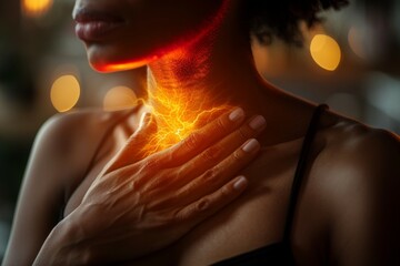 A woman's neck is covered in red and orange sparks, pain concept