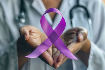 A doctor holds a purple ribbon in his hands
