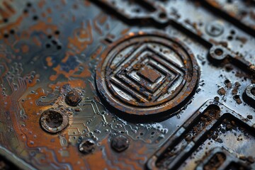 Fototapeta na wymiar : A fvectors logo etched into a weathered circuit board, pulsating with a sense of innovation.