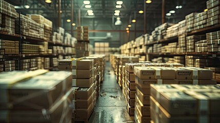 Minimalistic depiction of a warehouse filled with dollar box stacks, on an inventory finance background, storing wealth.