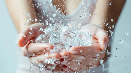 Close-up of woman's hands holding ice cubes with splashing water, evoking a sense of coolness and cleanliness. This image is ideal for various marketing campaigns promoting freshness and hygiene.