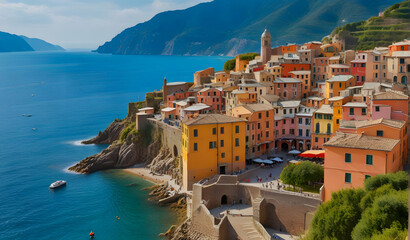 Aerial view of bird flying over Vernazza cityscape, Italy - Powered by Adobe
