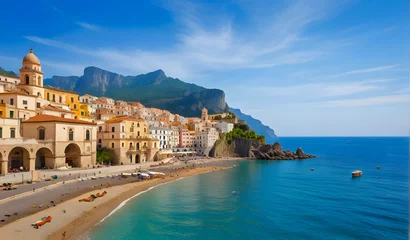 Foto op Plexiglas Landscape with Atrani town at famous amalfi coast, Italy © Hanna Ohnivenko