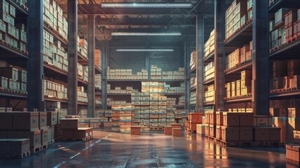 In a sleek warehouse, dollar box stacks silently signify financial abundance against an inventory finance backdrop.