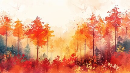 Obraz na płótnie Canvas Autumn forest landscape. Colorful watercolor painting of fall season. Red and yellow trees. Beautiful leaves, pine trees. Minimal elegant flat scenery. Artistic natural scenery. Vintage pastel colors.