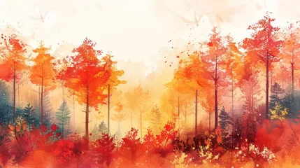 Fototapeten Autumn forest landscape. Colorful watercolor painting of fall season. Red and yellow trees. Beautiful leaves, pine trees. Minimal elegant flat scenery. Artistic natural scenery. Vintage pastel colors. © Ibad