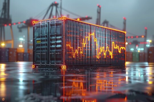 Outline of a shipping container with a glowing profit chart inside, on a logistics background, trading gains.