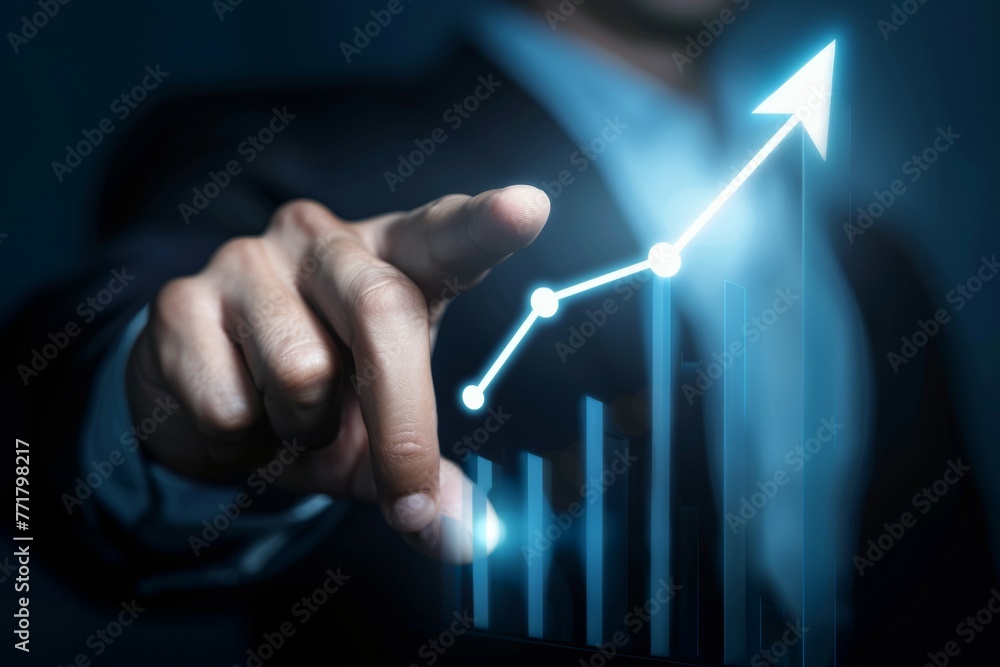 Poster a man is pointing at a graph with a blue arrow