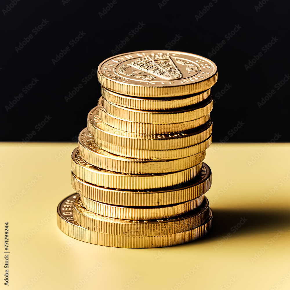 Poster a stack of gold coins with a bird on one of them. the coins are piled on top of each other, creating