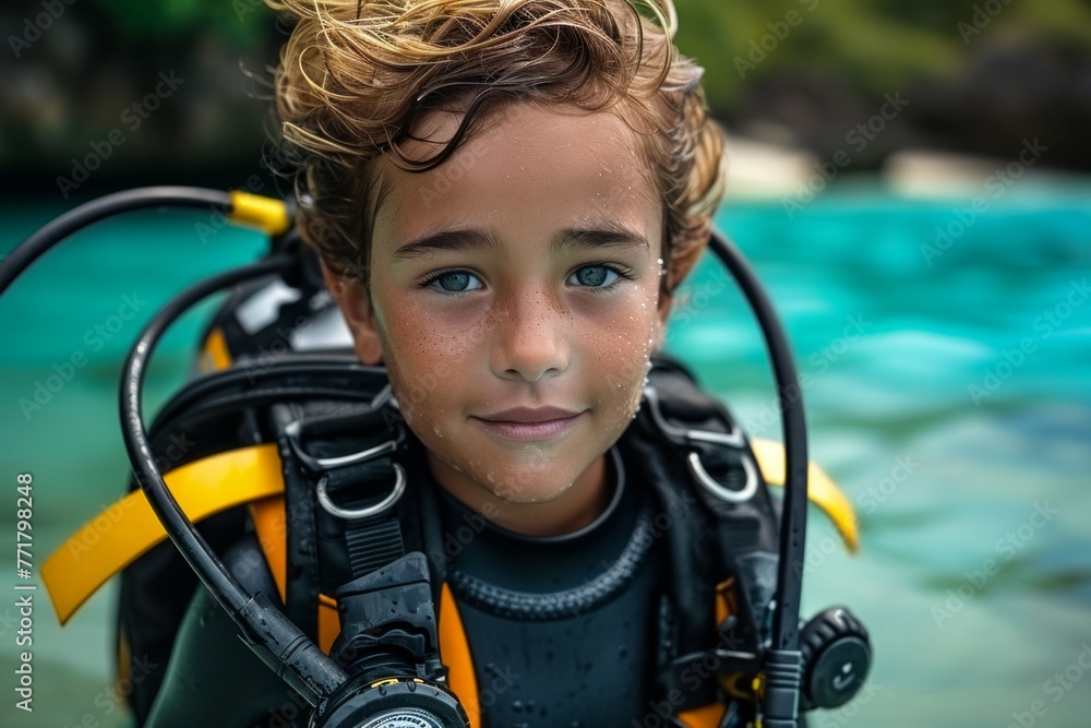 Poster child at diving lessons. background with selective focus and copy space