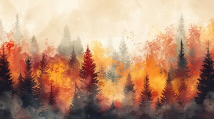 Autumn forest landscape. Colorful watercolor painting of fall season. Red and yellow trees. Beautiful leaves, pine trees. Minimal elegant flat scenery. Artistic natural scenery. Vintage pastel colors.