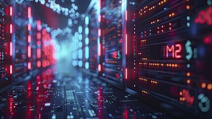 Fototapeta premium Sleek, abstract depiction of data centers with currency symbols as servers, on a digital economy background, wealth in data.