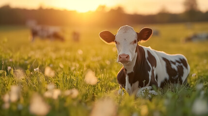 Brown and white cow on a green field with eco environment , beautiful sunlight in the field