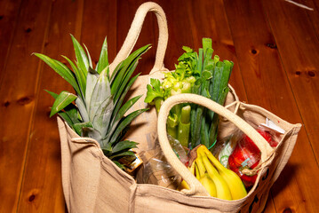 Reusable Bag Filled with Fresh Grocery Produce