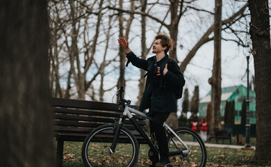 A young adult male with curly hair gestures a greeting or farewell next to his bike on a park bench .