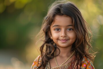 A young girl with long brown hair and brown eyes is smiling
