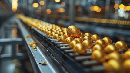 Witness the intricate process of a factory assembly line crafting golden eggs against a backdrop of product profitability, a realm of golden opportunities. - obrazy, fototapety, plakaty