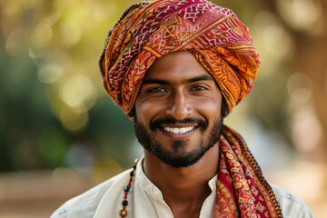 A smiling man wearing red and orange turban - obrazy, fototapety, plakaty