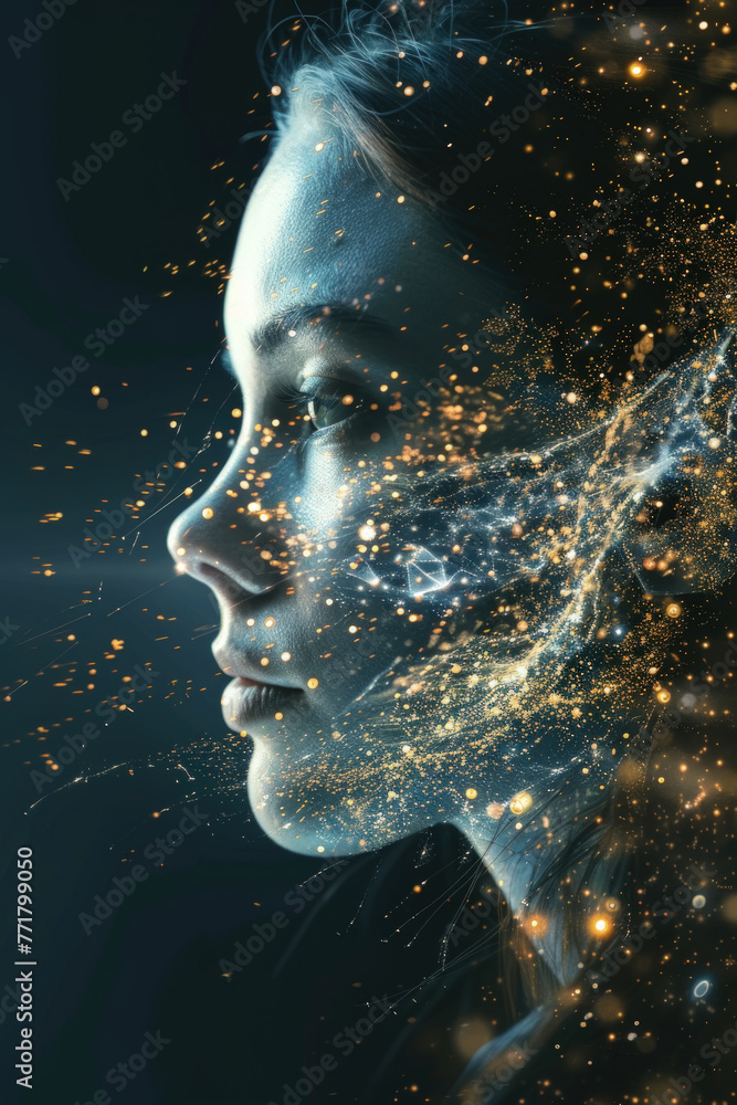 Poster close-up of a womans face with stars floating around her head, creating a celestial atmosphere