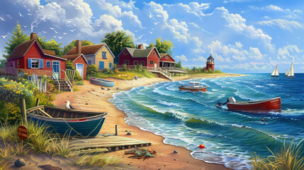 A painting depicting boats anchored by the shore with colorful houses in the background - obrazy, fototapety, plakaty