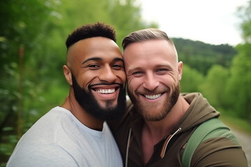 Fototapeta premium Gay couple smiling outdoors. Homosexual gay couple portrait. LGBT concept.
