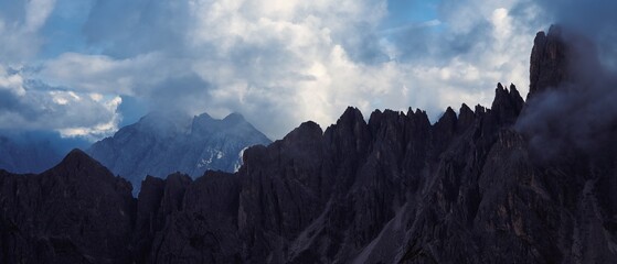 Panorama of the ridge of a rocky mountain peak in the Dolomites in Italy