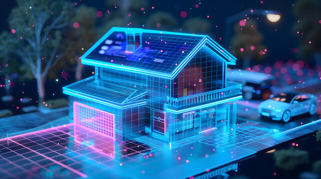 A holographic model of an energy efficient house with solar panels, surrounded by digital data streams and blue neon lights. The scene is set in a future cityscape at night, with cars driving on road