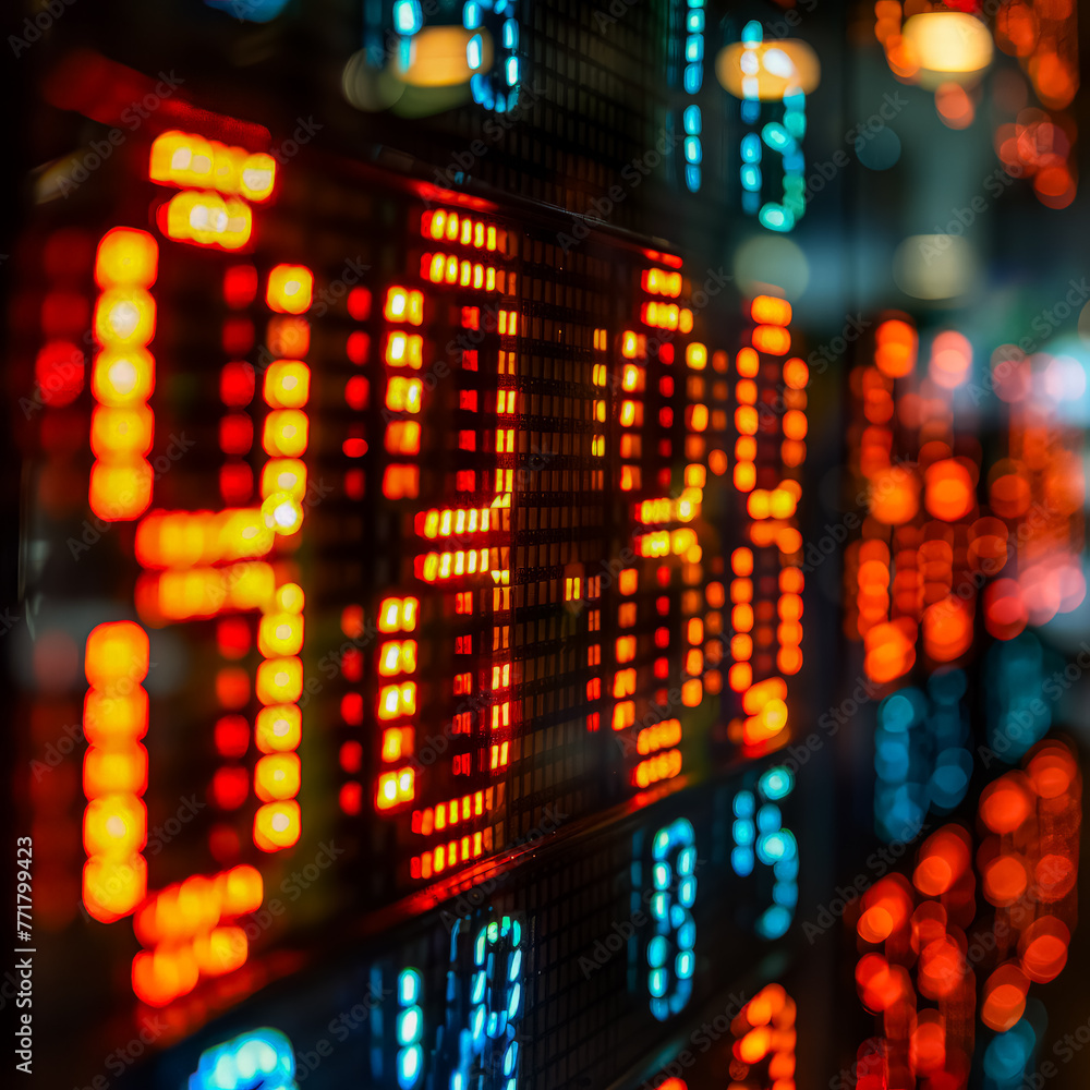Poster a large screen with a red and orange number 3 on it. the numbers are lit up and the background is bl