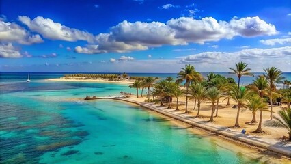 Panoramic view of a beautiful beach, palm trees and blue sky with clouds, view from the sea with...