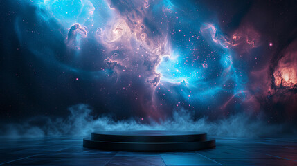 empty black metalic podium on blue purple star nebula galaxy background for product presentation