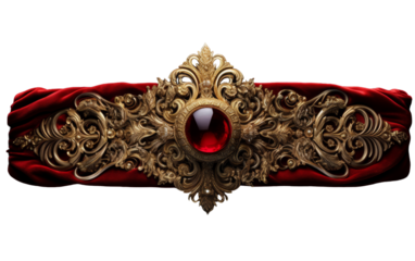 A red velvet headband adorned with a gold filigreet design and a stunning red stone