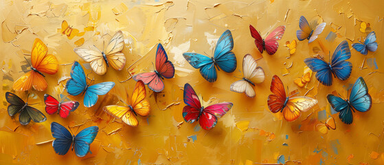 Colorful butterflies on gold background - oil painting