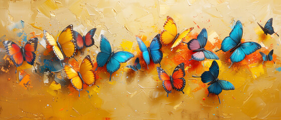 Colorful butterflies on gold background - oil painting