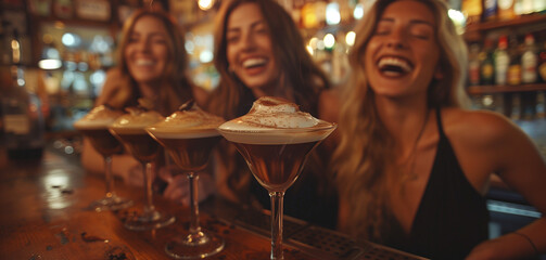 Friends Enjoying Espresso Martinis in a Cozy, Dimly Lit Bar