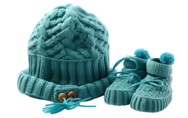 A stylish pair of blue knitted boots and a matching hat, perfect for keeping warm in the winter