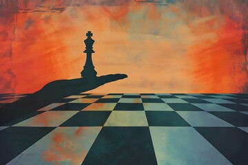 : A lone chess pawn standing on a giant hand, casting a long shadow over a checkerboard landscape.