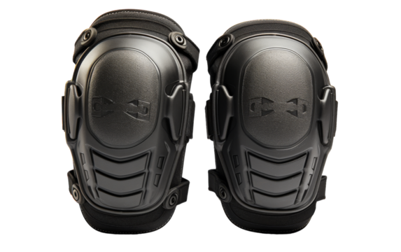 A pair of knee pads rests on a stark white background