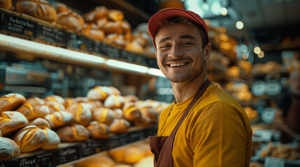Happy Baker Smiling in Artisan Bakery with Fresh Bread