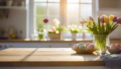 empty easter table background in front of blurred multicolor flowers and eggs on sunny kitchen window sill