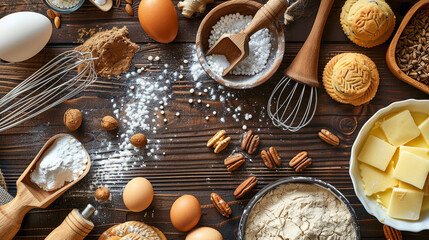Ingredients for cooking on wooden kitchen table, baking recipe for pastry, shape cookies - obrazy, fototapety, plakaty