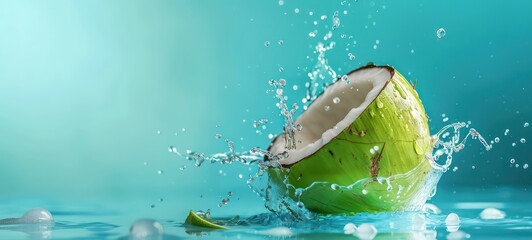 Coconut water splashing out of a fresh green coconut isolated on a pastel summer blue background with copy space